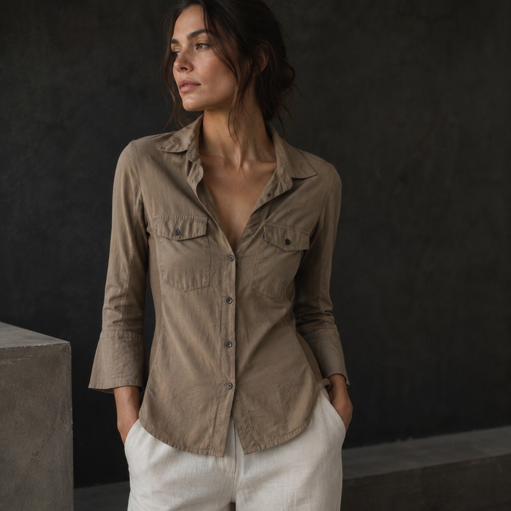 James Perse Button Down Shirt Womens S 1 Taupe Brown Ribbed Panel WLC3321CU
